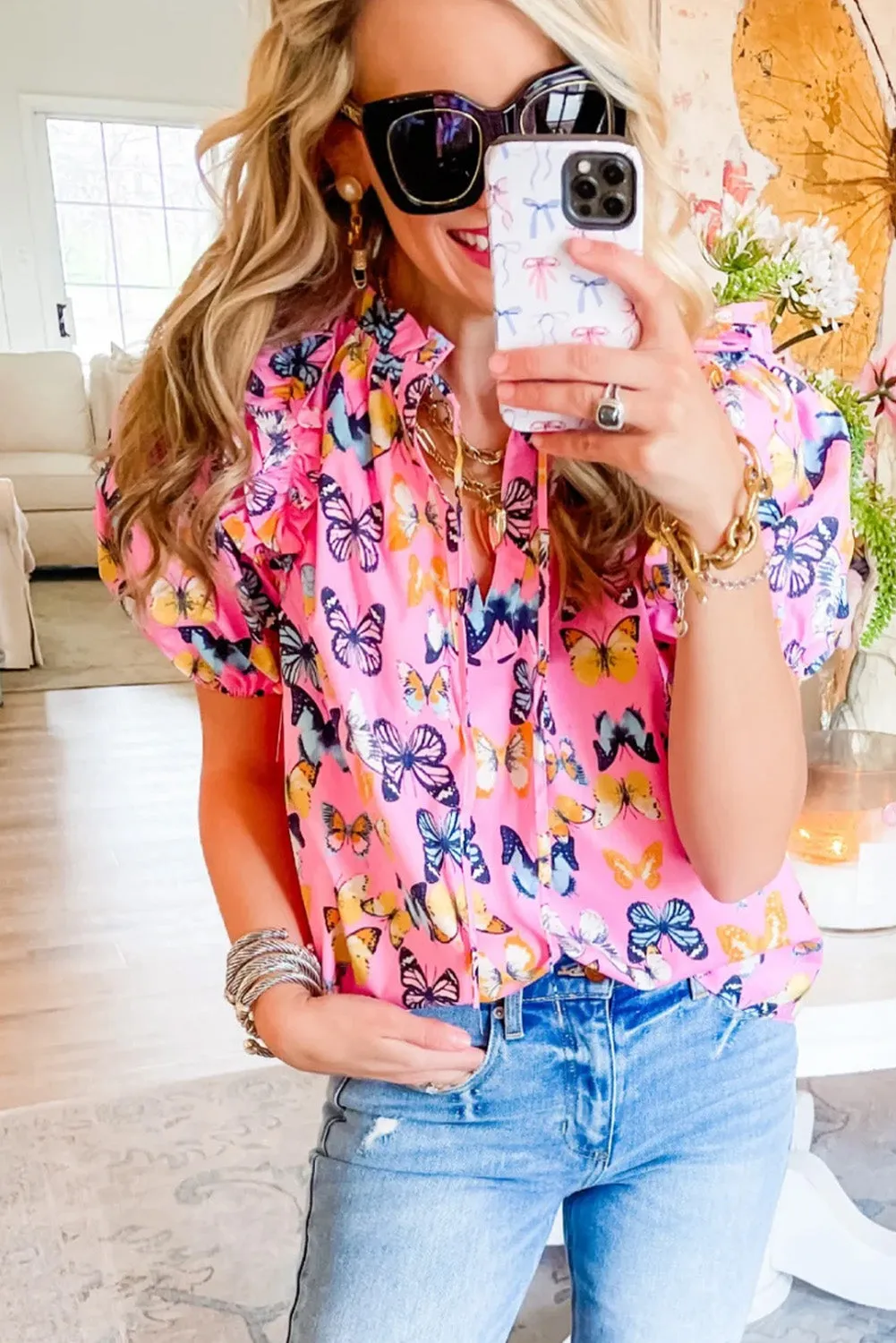 Purple Butterfly Print Ruffled Puff Sleeve Tied V Neck Blouse