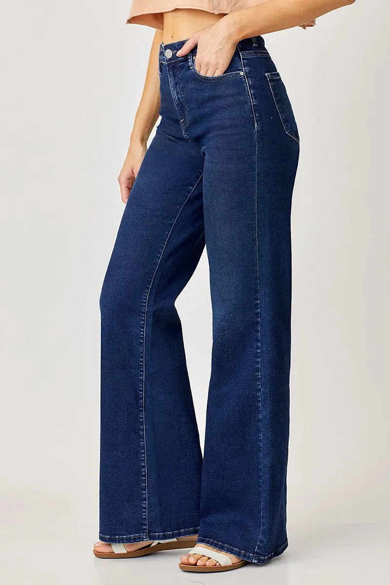 Risen Mid Rise Wide Leg Jeans Dark Wash