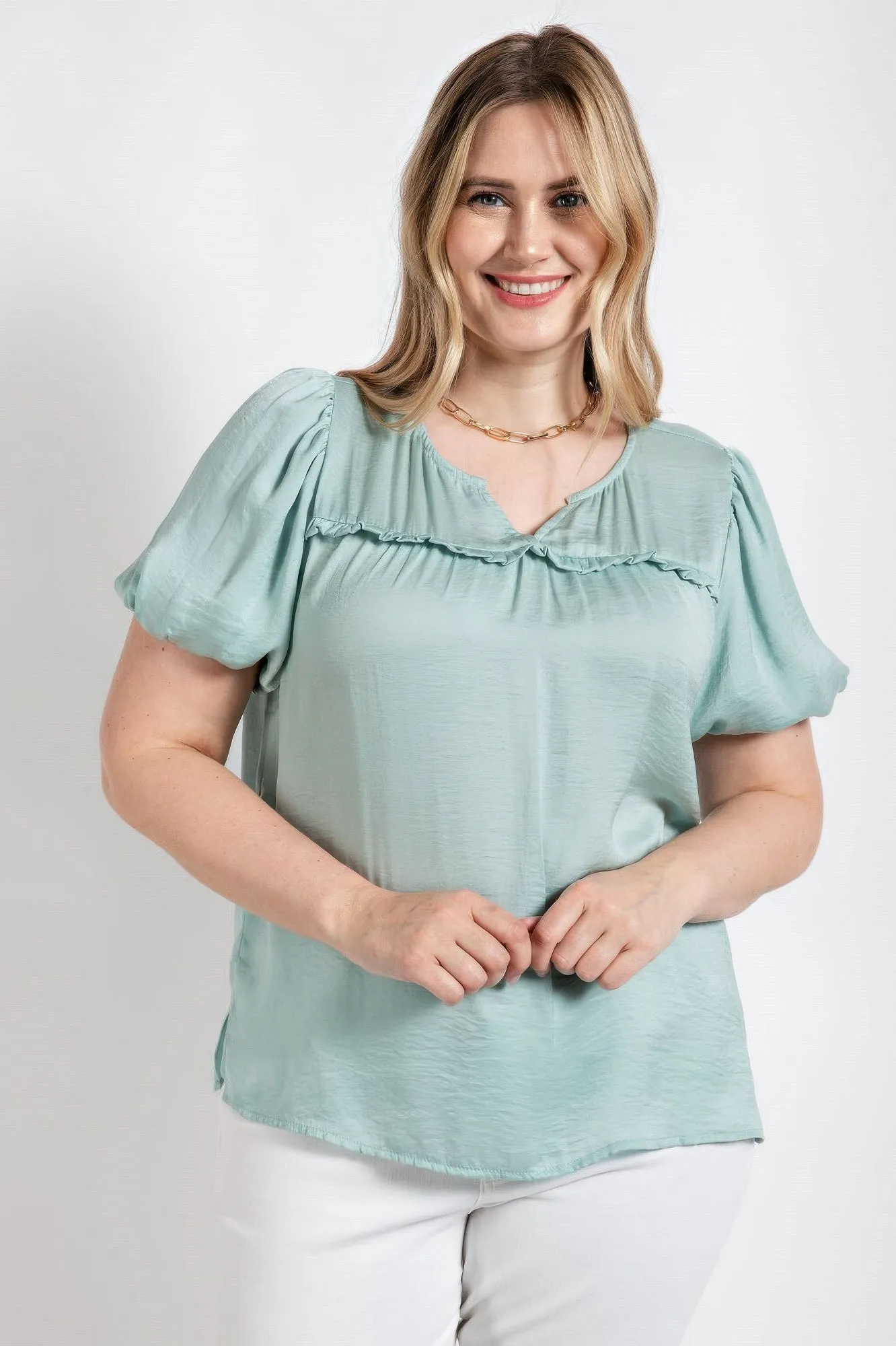 Satin Top With Ruffle Yoke And Puff Sleeves (Plus Size)