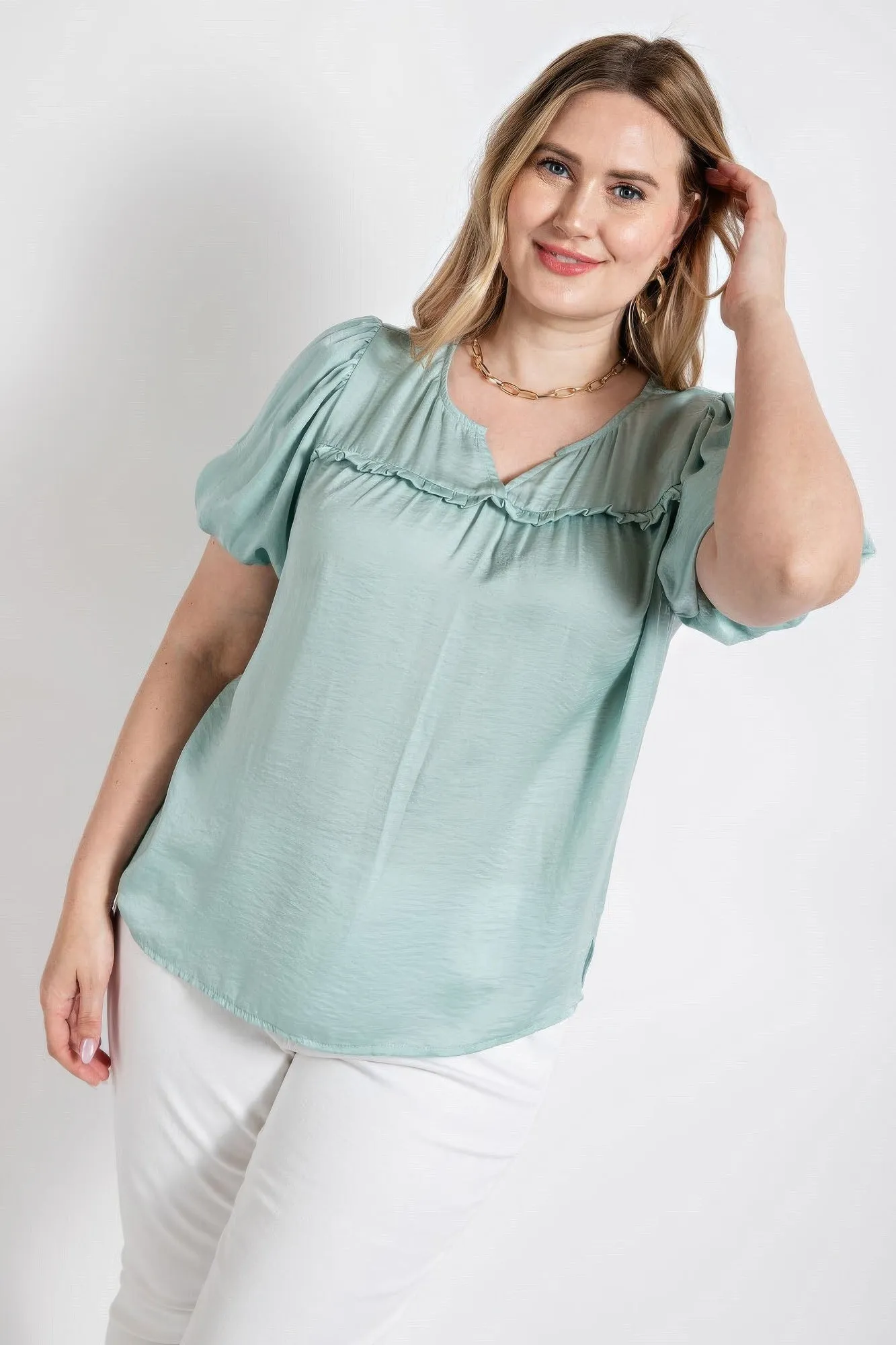 Satin Top With Ruffle Yoke And Puff Sleeves (Plus Size)