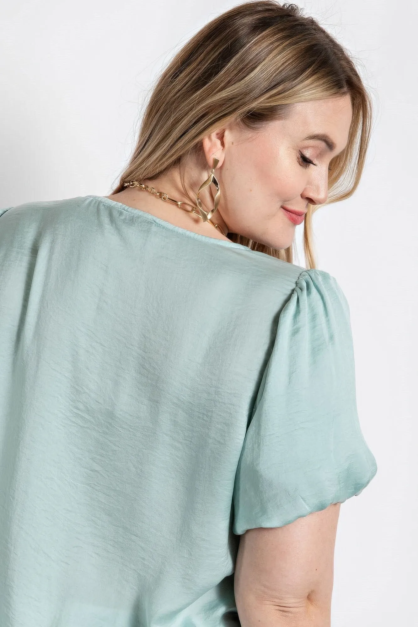 Satin Top With Ruffle Yoke And Puff Sleeves (Plus Size)