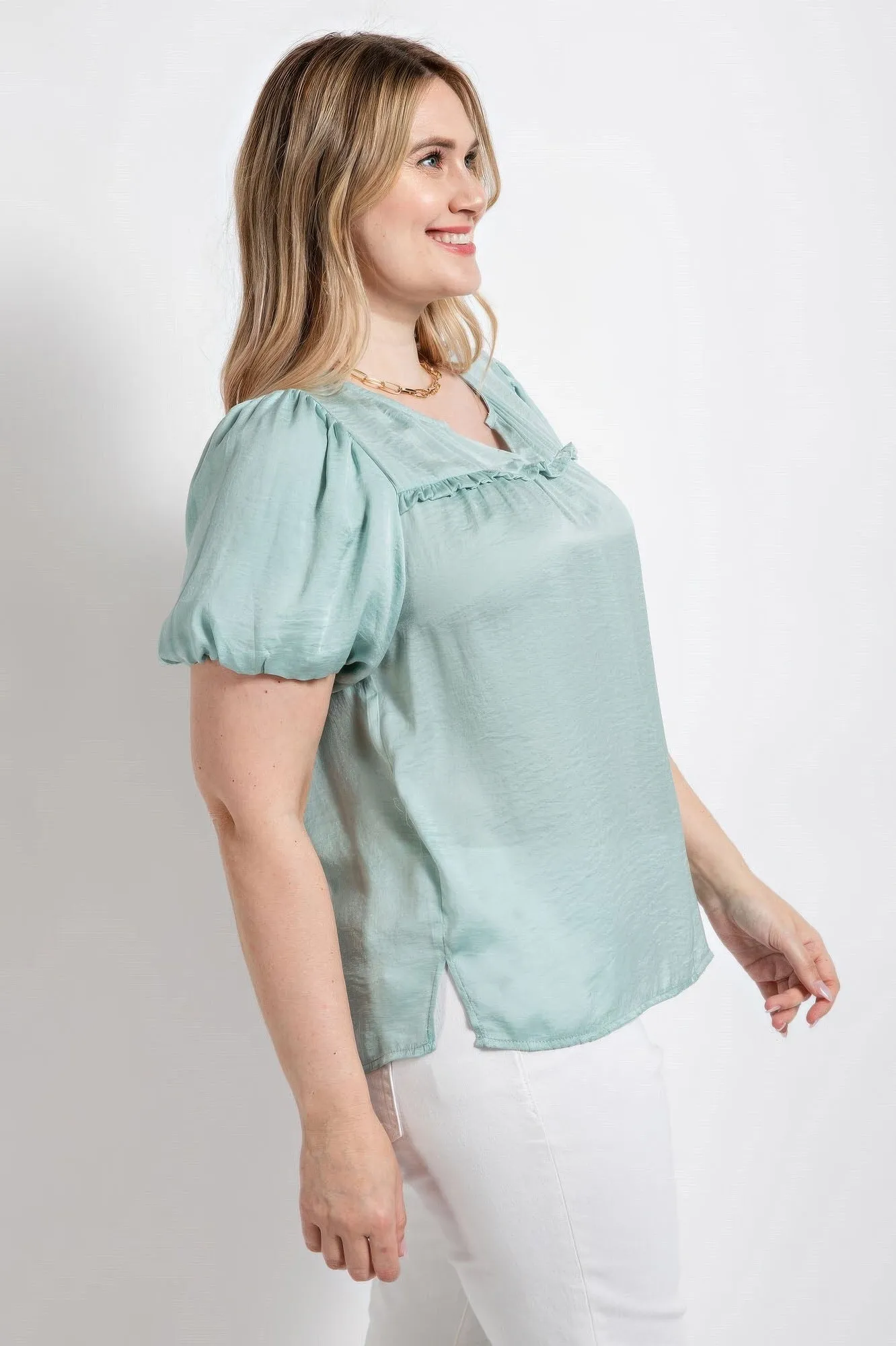 Satin Top With Ruffle Yoke And Puff Sleeves (Plus Size)