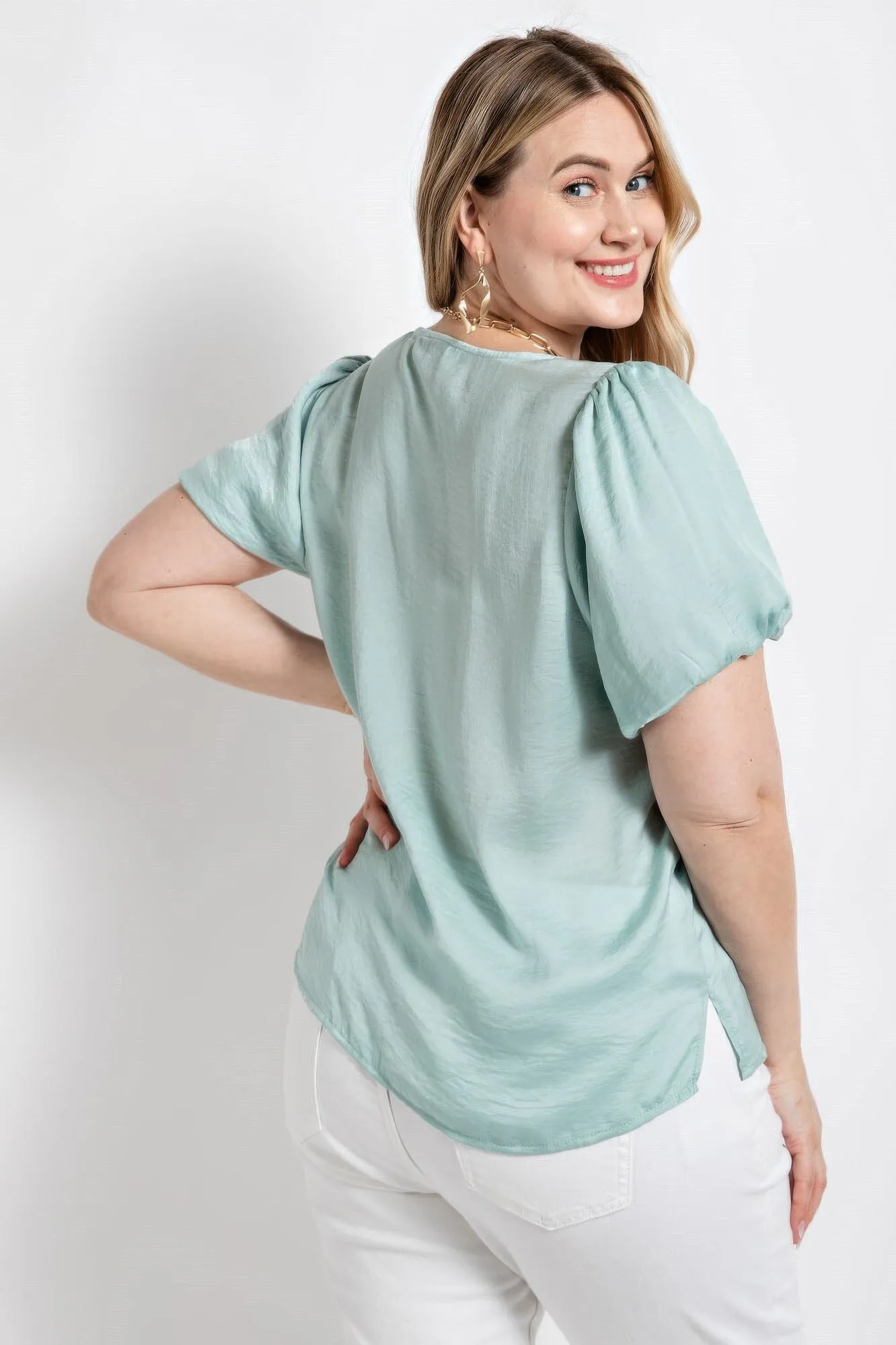Satin Top With Ruffle Yoke And Puff Sleeves (Plus Size)
