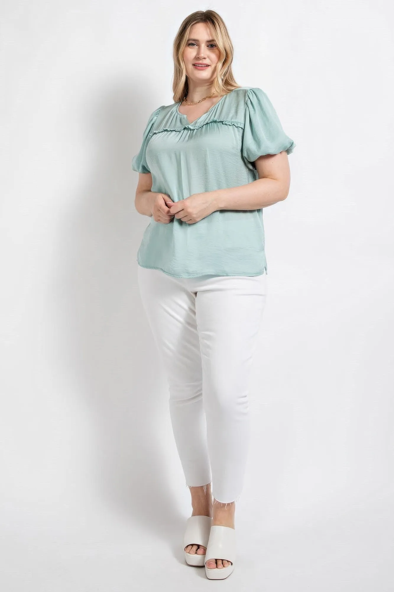 Satin Top With Ruffle Yoke And Puff Sleeves (Plus Size)