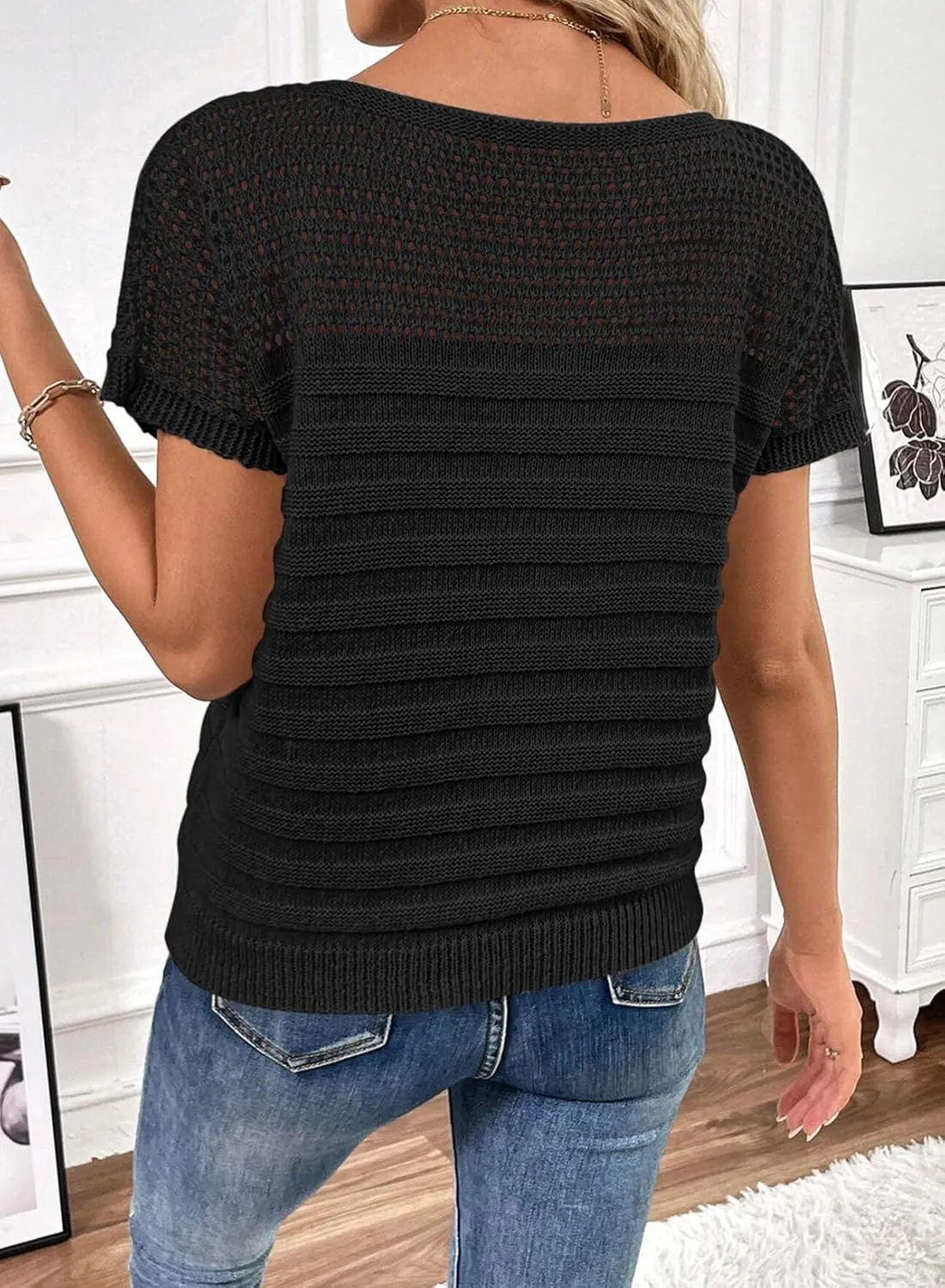 SHEWIN Womens Sweaters Crew Neck Short Sleeve Shirts Summer Tops Knit Hollow Out T Shirts Sweater Blouses