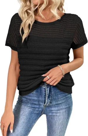 SHEWIN Womens Sweaters Crew Neck Short Sleeve Shirts Summer Tops Knit Hollow Out T Shirts Sweater Blouses