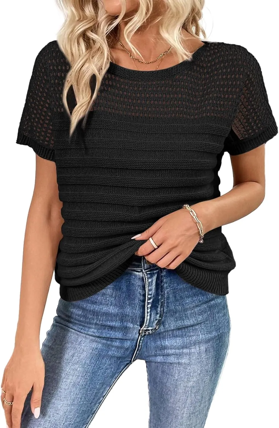 SHEWIN Womens Sweaters Crew Neck Short Sleeve Shirts Summer Tops Knit Hollow Out T Shirts Sweater Blouses