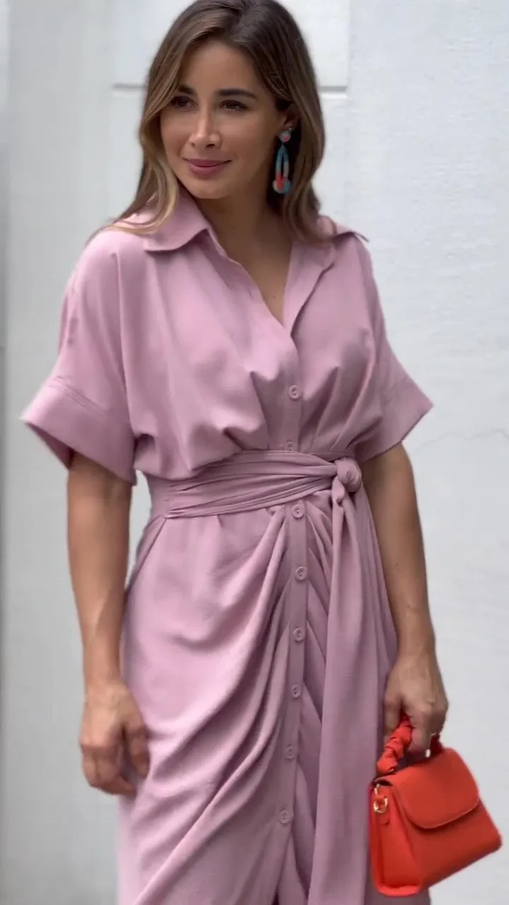 Solid Tie Front Shirt Dress