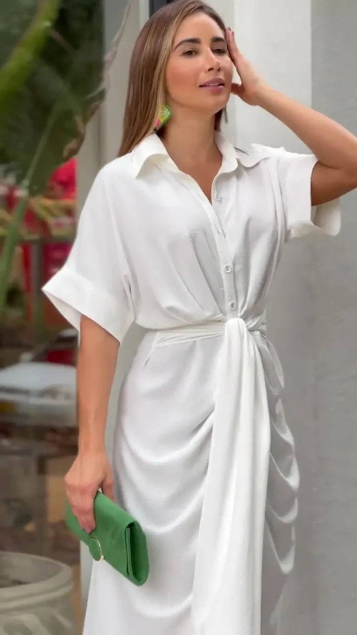Solid Tie Front Shirt Dress