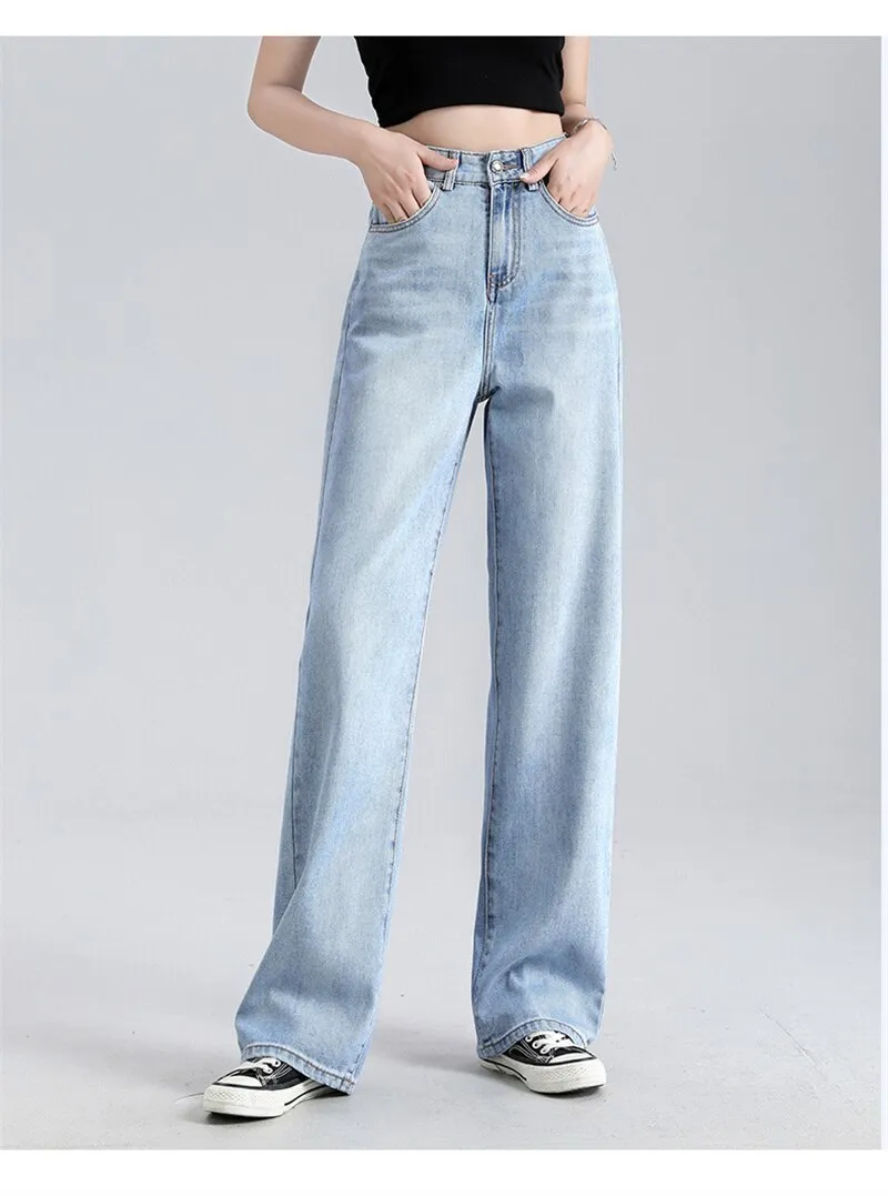 Straight Loose High Waist Wide Leg Jeans Cotton Denim Casual Pants Comfortable Wash Jeans Trousers