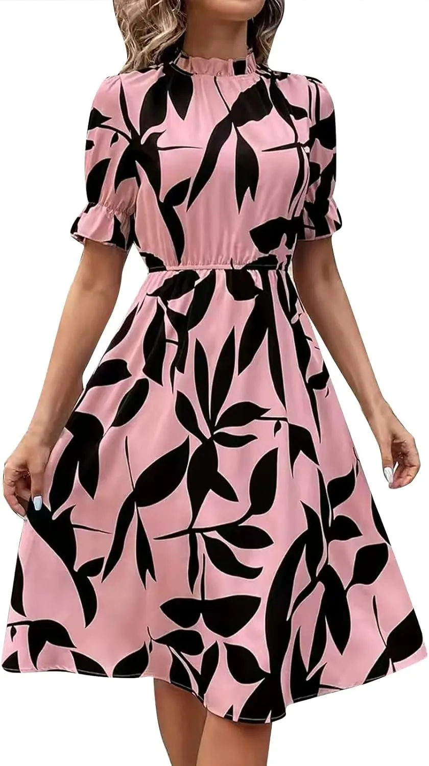 Summer Dresses for Women 2025 Vacation Crewneck Short Sleeve Floral Midi Dress Casual Flowy Boho Summer Beach Dress