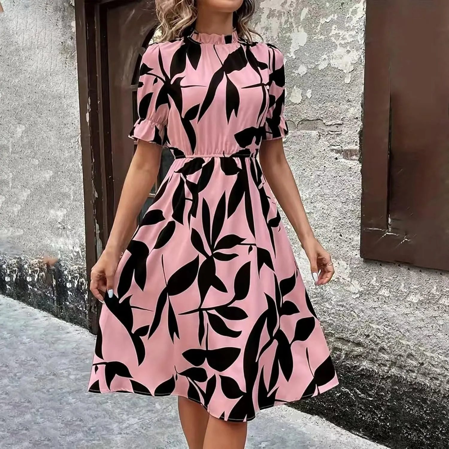 Summer Dresses for Women 2025 Vacation Crewneck Short Sleeve Floral Midi Dress Casual Flowy Boho Summer Beach Dress