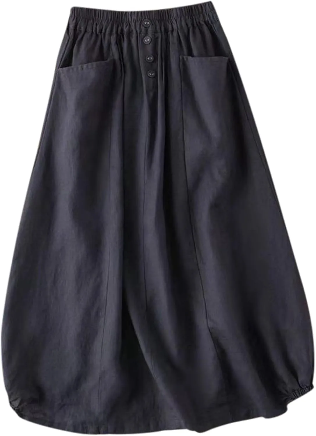 Summer Linen Skirts for Women Elastic High Waist Button A Line Flowy Casual Vacation Beach Midi Skirts with Pockets