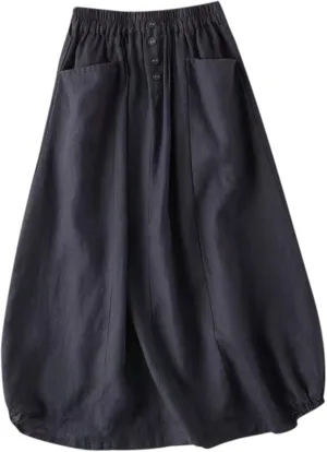Summer Linen Skirts for Women Elastic High Waist Button A Line Flowy Casual Vacation Beach Midi Skirts with Pockets