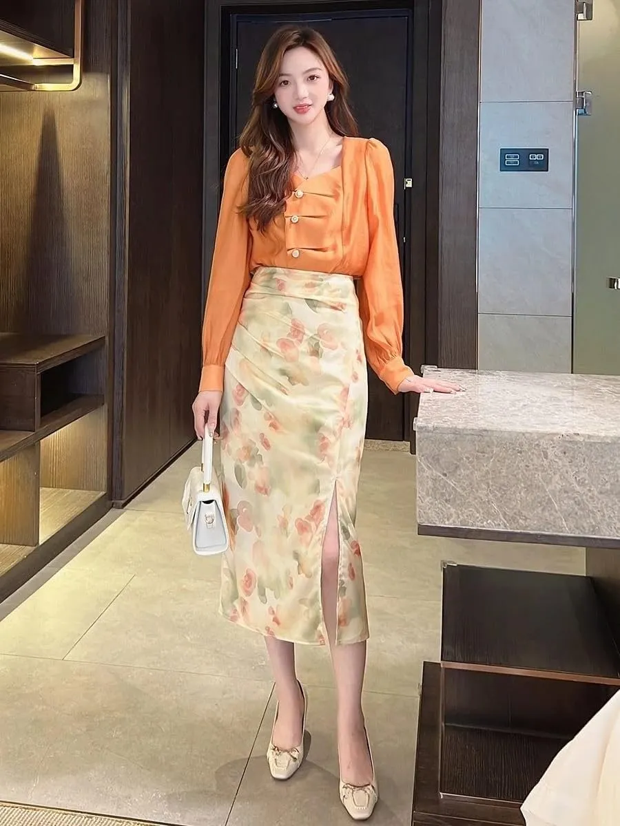 Summer Spring Women High Waisted Floral Pencil Skirt,Woman Slim Printed Long Skirts