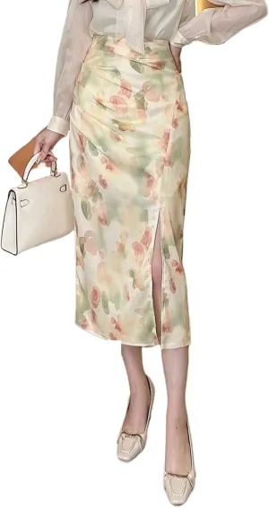 Summer Spring Women High Waisted Floral Pencil Skirt,Woman Slim Printed Long Skirts