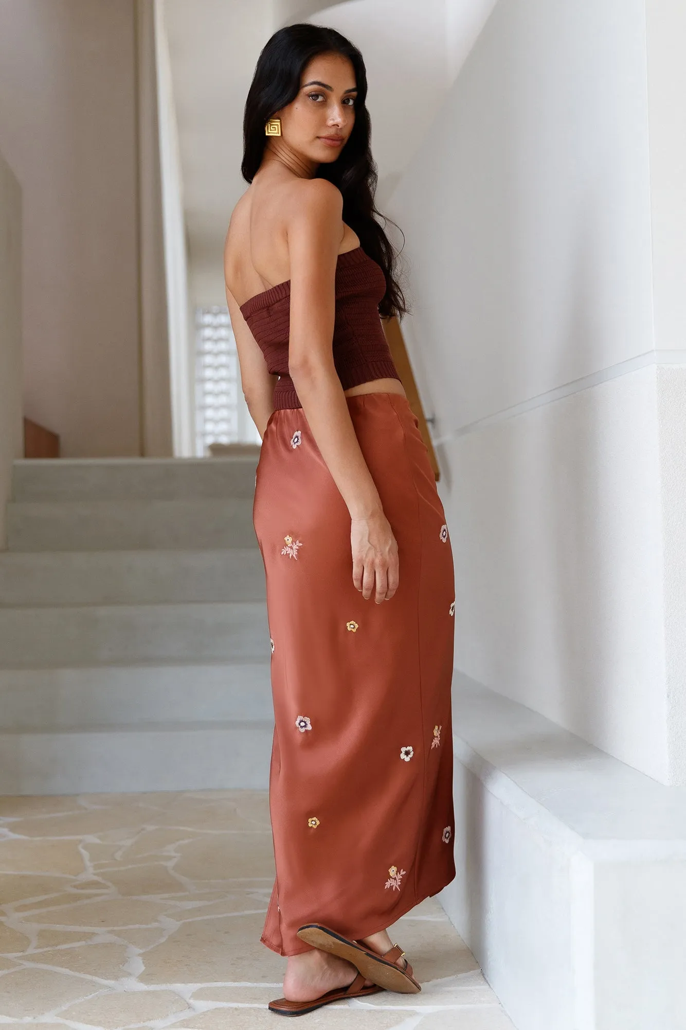 Sundown Bloom Midi Skirt Brown