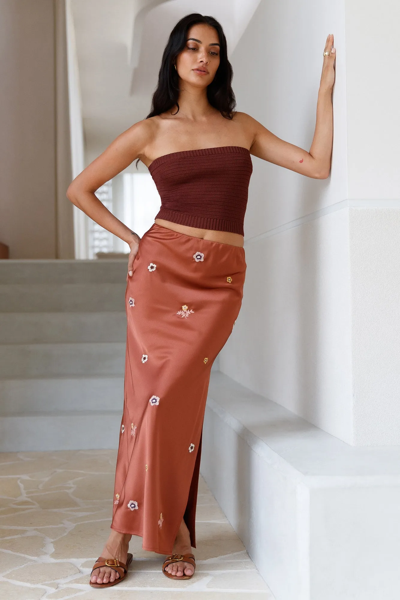 Sundown Bloom Midi Skirt Brown