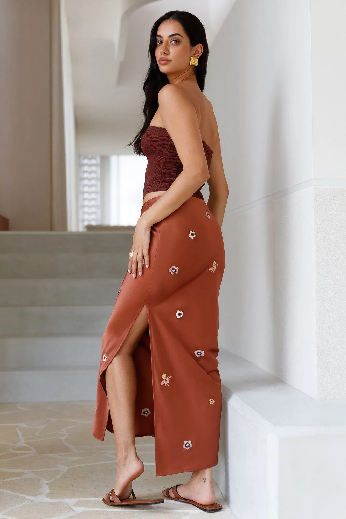 Sundown Bloom Midi Skirt Brown