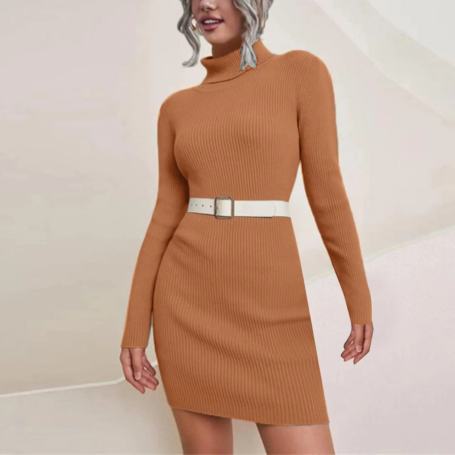 Sweater Dress for Women 2024 Trendy, Turtleneck Long Sleeve Ribbed Knit Bodycon Mini Dress Slim Fit Short Dress