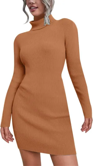 Sweater Dress for Women 2024 Trendy, Turtleneck Long Sleeve Ribbed Knit Bodycon Mini Dress Slim Fit Short Dress