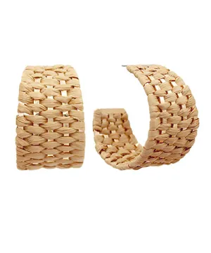 Tan Woven Raffia Wide Hoop Earrings
