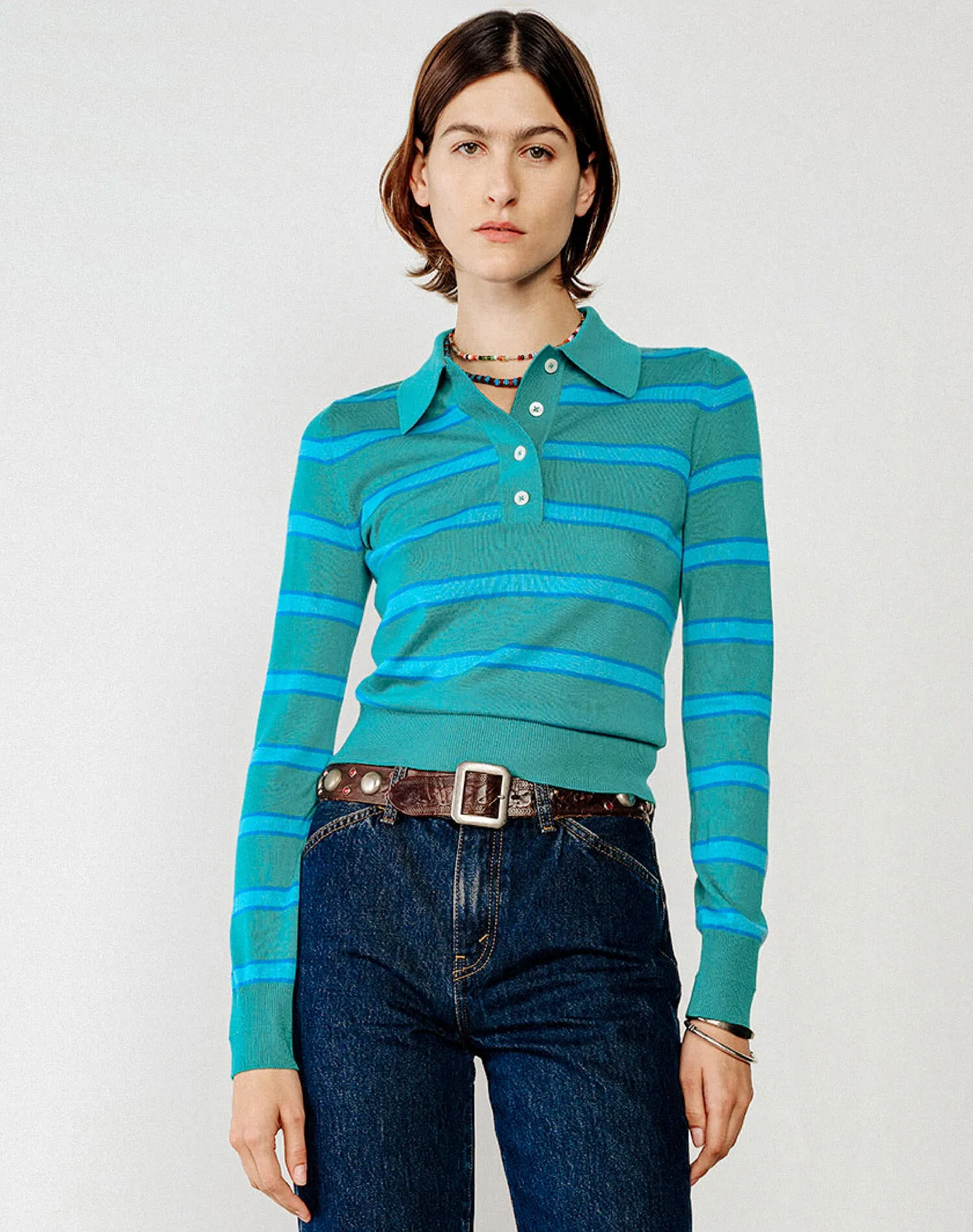 The Memphis Long Sleeve Polo - Aqua Verde Stripe