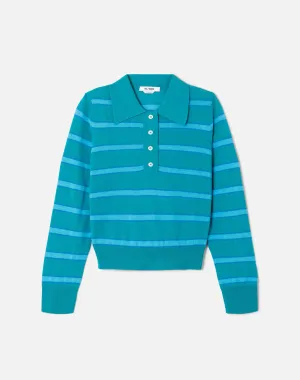 The Memphis Long Sleeve Polo - Aqua Verde Stripe