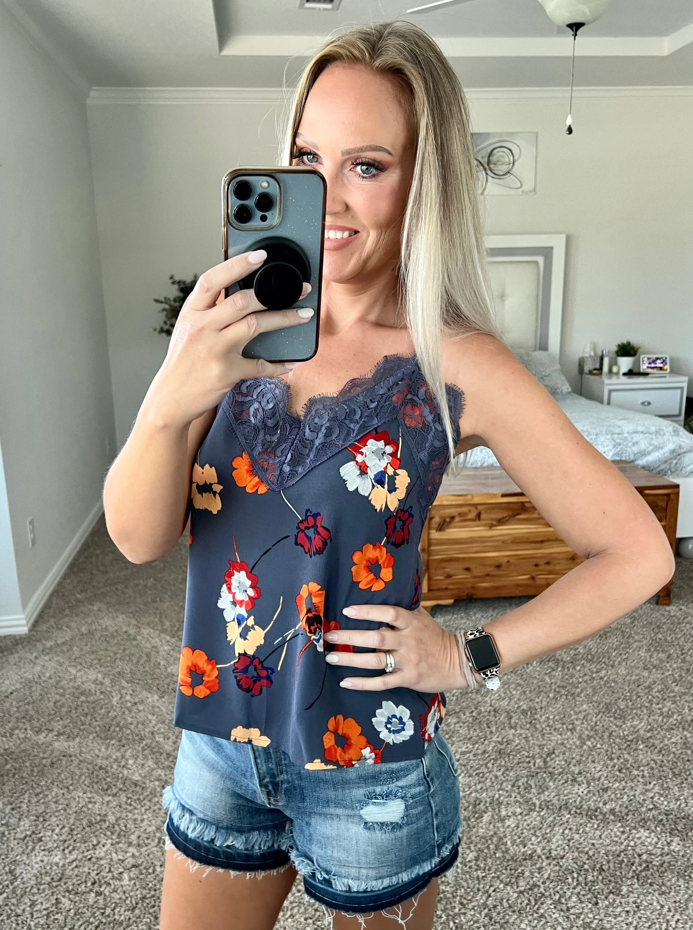 Tiffani Floral Lace Trim V-Neck Cami