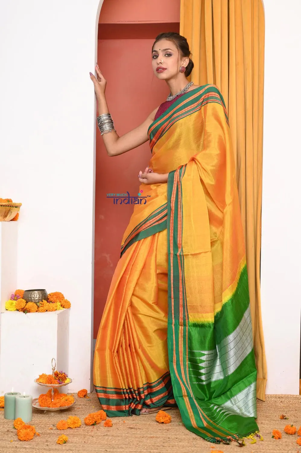Traditional Cotton Silk Illkal Authentic Handwoven Saree,Yellow With Leaf Green Pallu