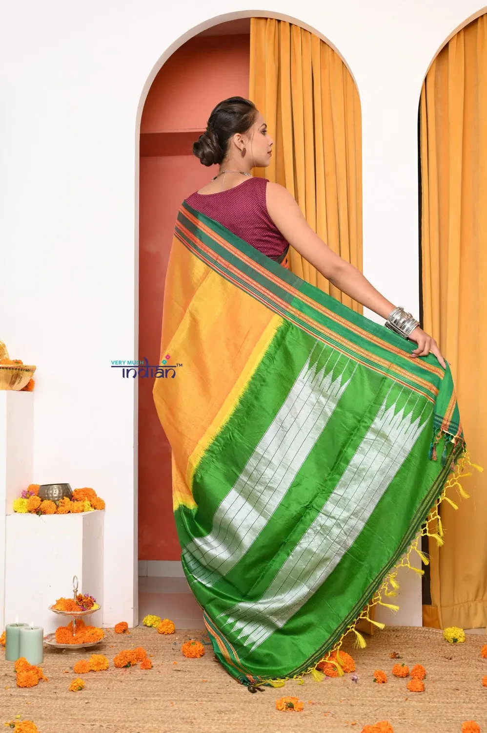 Traditional Cotton Silk Illkal Authentic Handwoven Saree,Yellow With Leaf Green Pallu