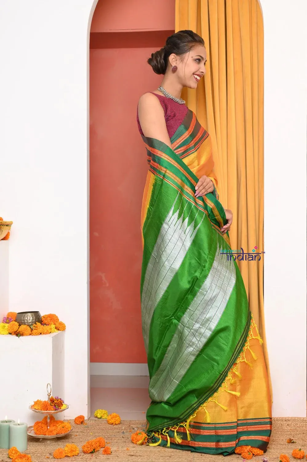 Traditional Cotton Silk Illkal Authentic Handwoven Saree,Yellow With Leaf Green Pallu