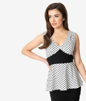 Unique Vintage White & Black Polka Dot Sleeveless Peplum Rue Top