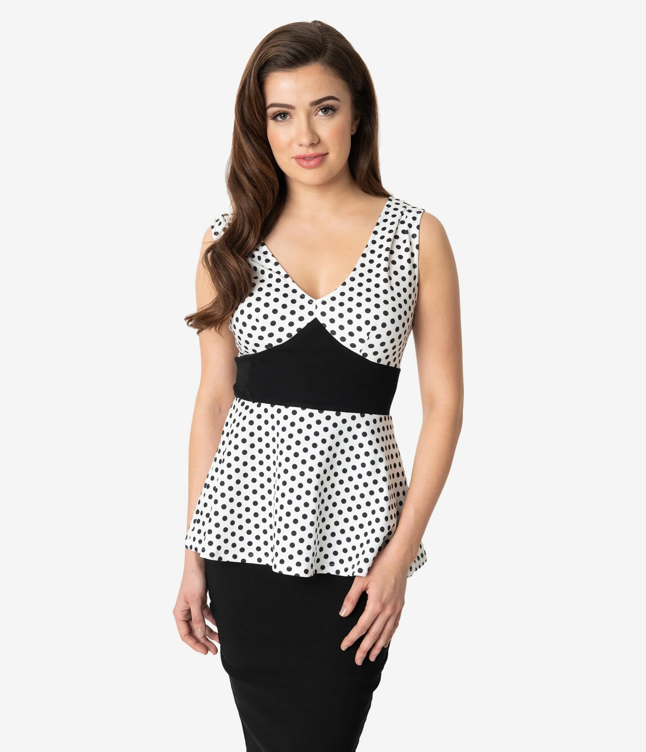 Unique Vintage White & Black Polka Dot Sleeveless Peplum Rue Top