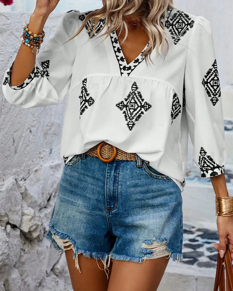 V-Neck Diamond Print Three-Quarter Sleeve Blouse