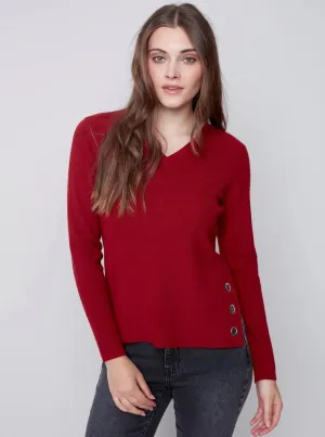 V Neck Sweater With Side Slit [Ruby-C2569]