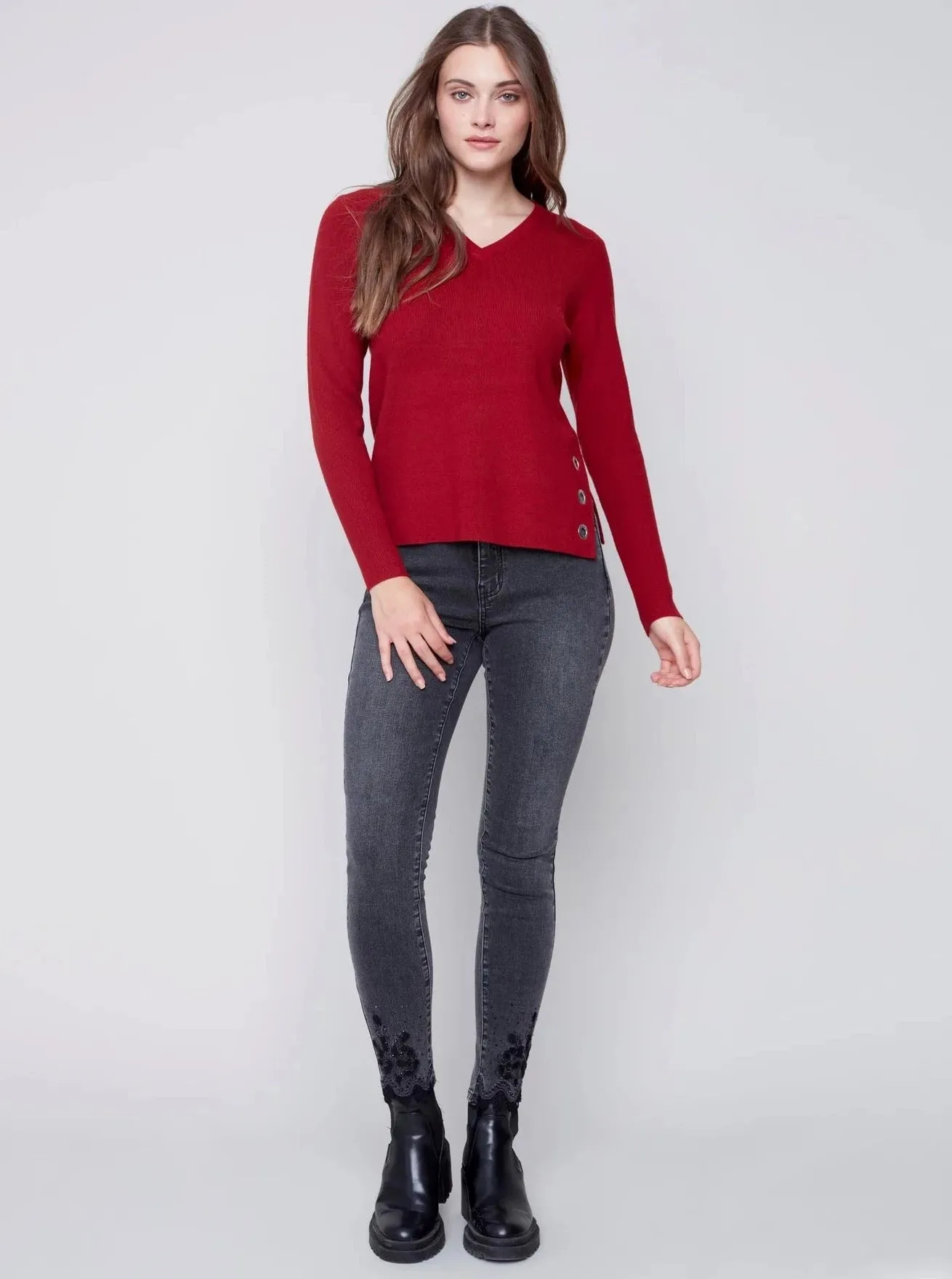 V Neck Sweater With Side Slit [Ruby-C2569]