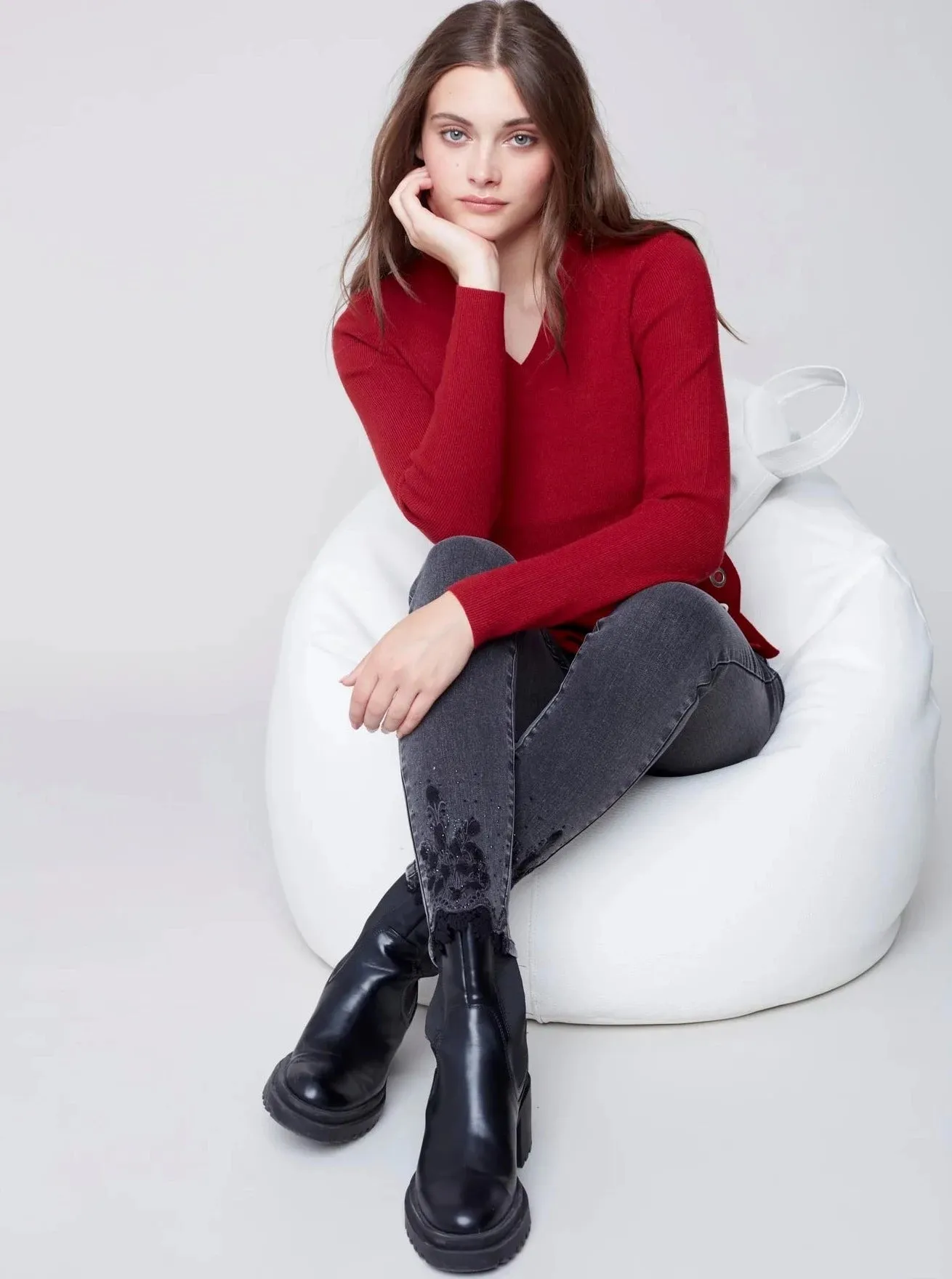 V Neck Sweater With Side Slit [Ruby-C2569]
