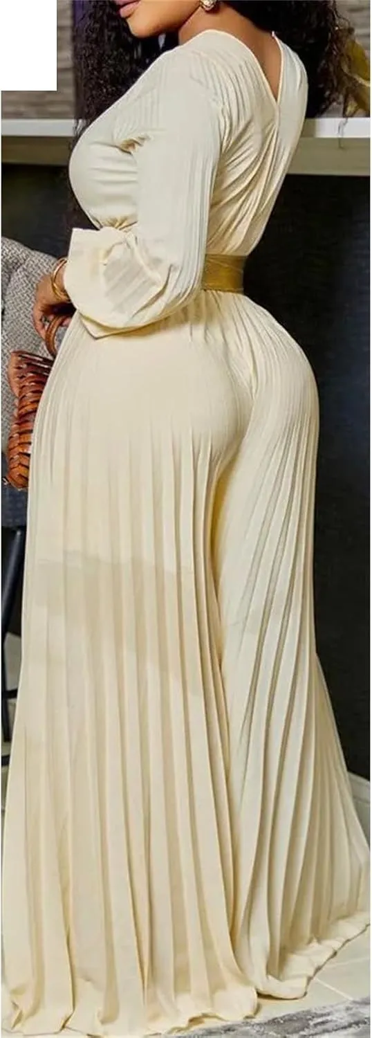 Women Elegant V-Neck Pleated Loose Wide Leg Jumpsuit Long Sleeve Playsuit