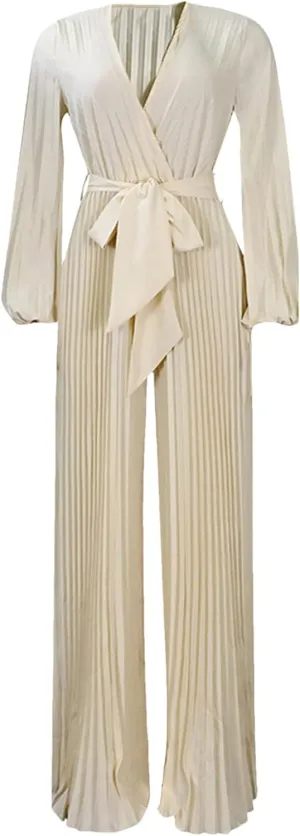 Women Elegant V-Neck Pleated Loose Wide Leg Jumpsuit Long Sleeve Playsuit