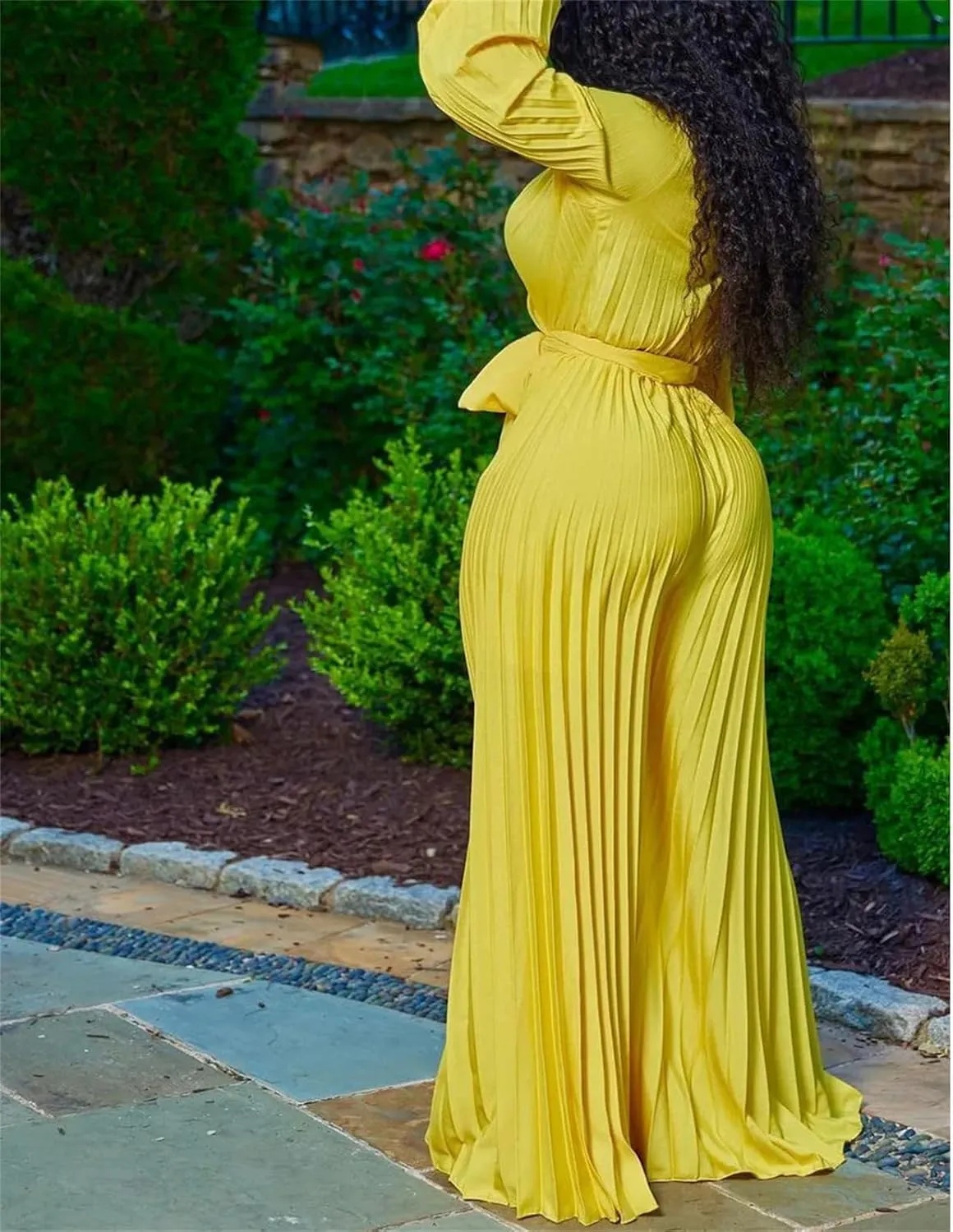 Women Elegant V-Neck Pleated Loose Wide Leg Jumpsuit Long Sleeve Playsuit
