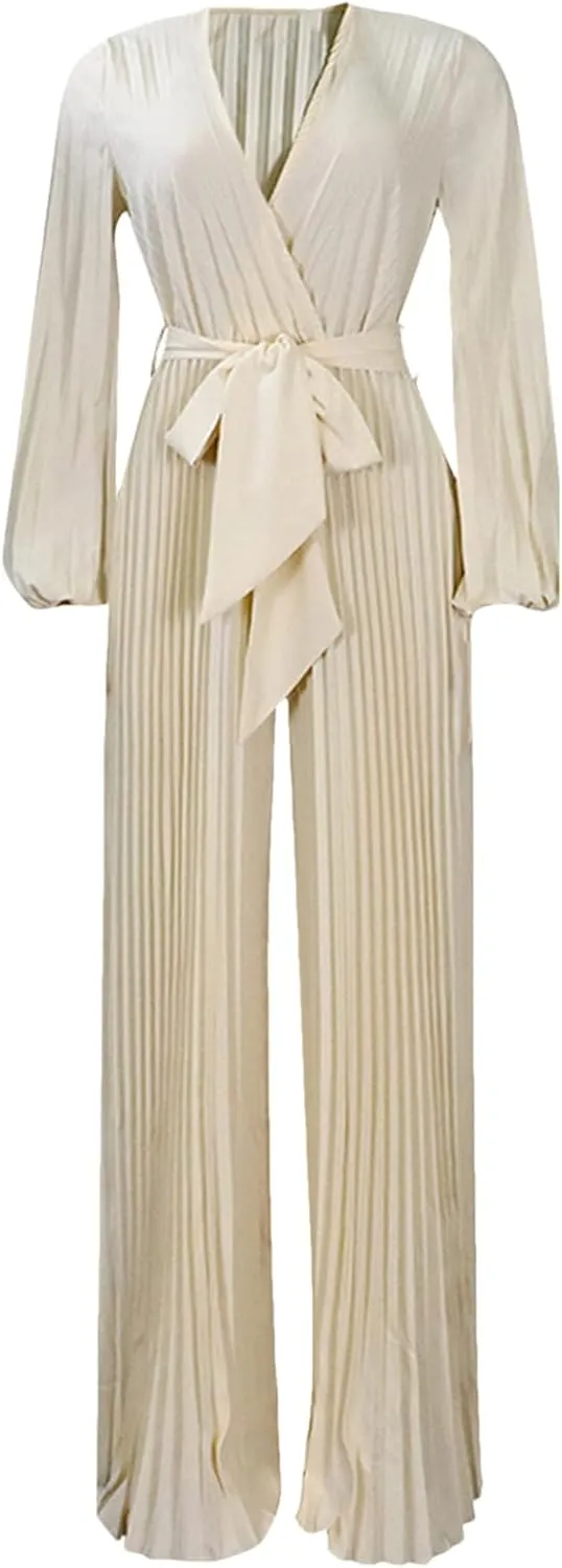 Women Elegant V-Neck Pleated Loose Wide Leg Jumpsuit Long Sleeve Playsuit