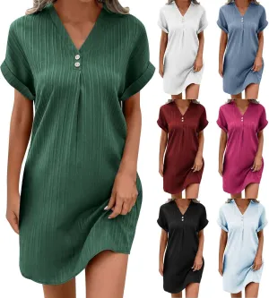 Women Linen Shirts Dresses Plus Size Fashion Button up V-Neck Short Sleeves Cotton Linen Midi Dress Beach Sundress
