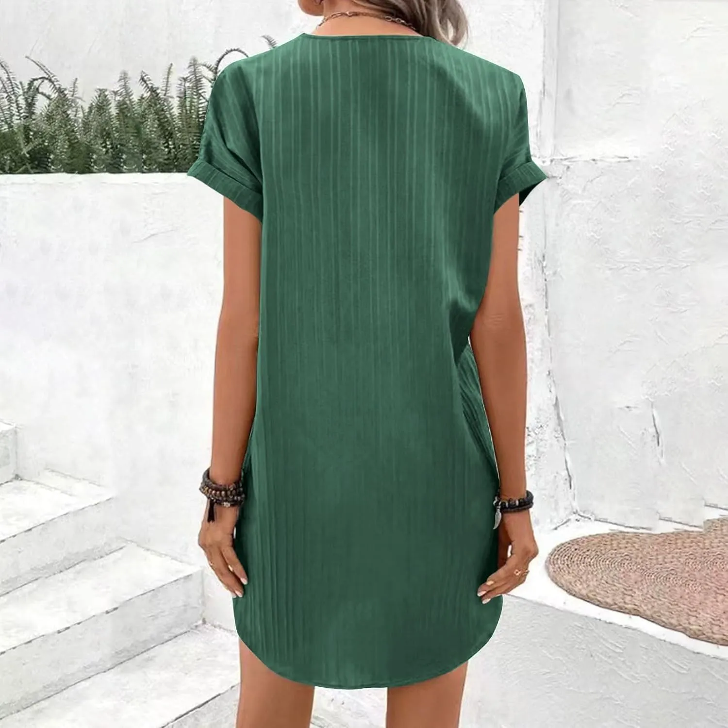 Women Linen Shirts Dresses Plus Size Fashion Button up V-Neck Short Sleeves Cotton Linen Midi Dress Beach Sundress