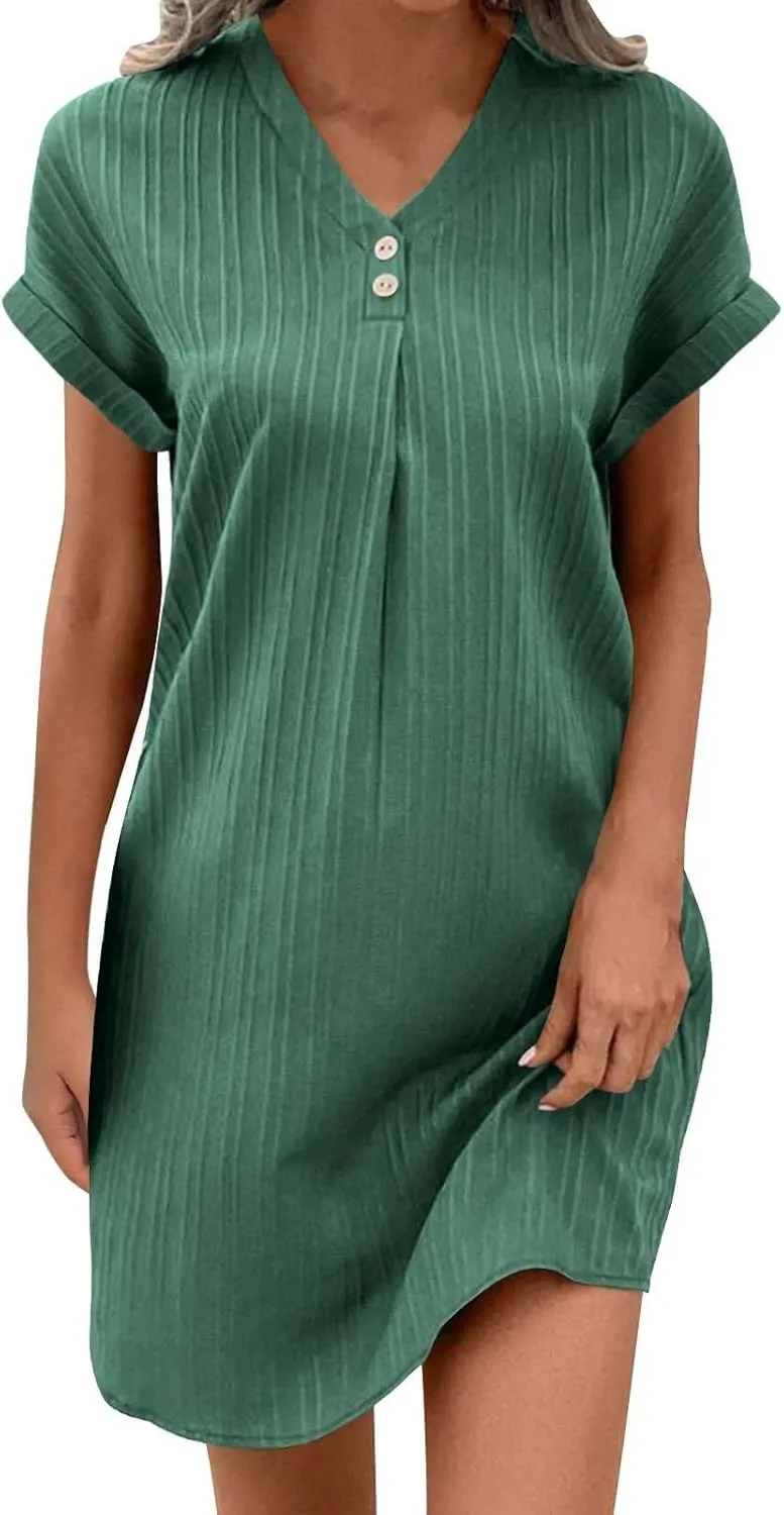 Women Linen Shirts Dresses Plus Size Fashion Button up V-Neck Short Sleeves Cotton Linen Midi Dress Beach Sundress