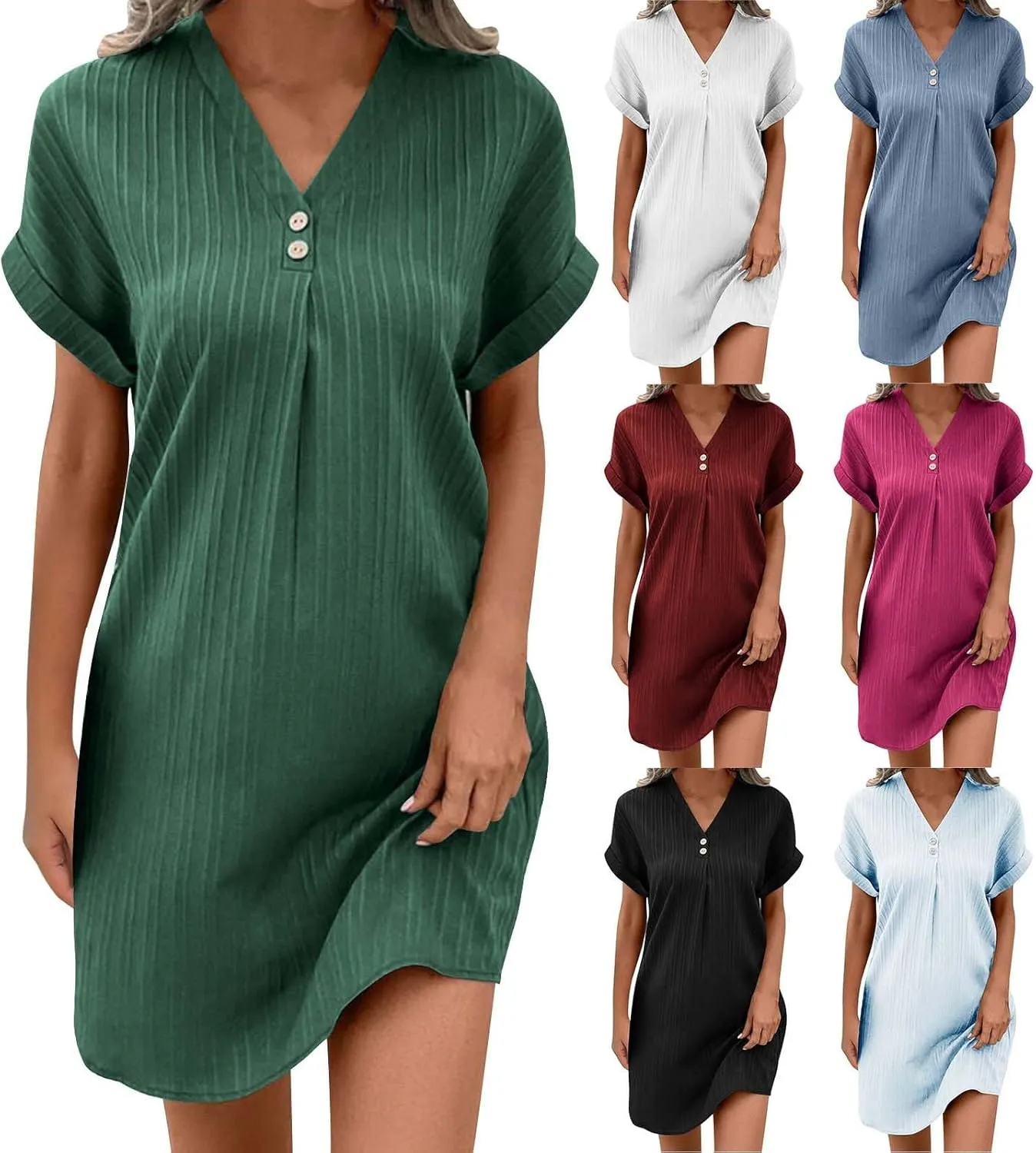 Women Linen Shirts Dresses Plus Size Fashion Button up V-Neck Short Sleeves Cotton Linen Midi Dress Beach Sundress