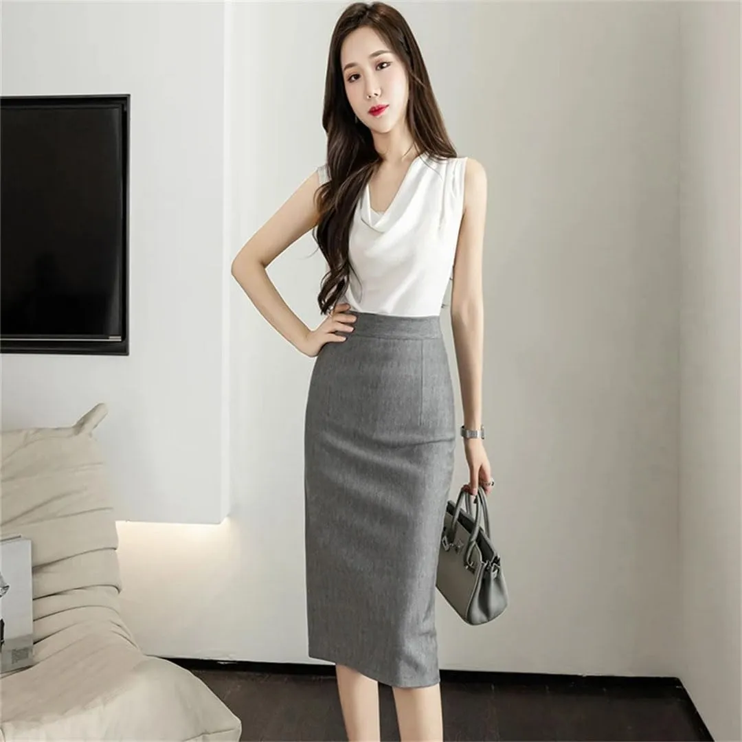 Women Stretchy Solid Color Skirts Elegant High Waist Office Style Pencil Midi Skirts