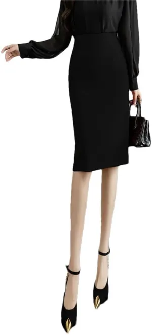 Women Stretchy Solid Color Skirts Elegant High Waist Office Style Pencil Midi Skirts
