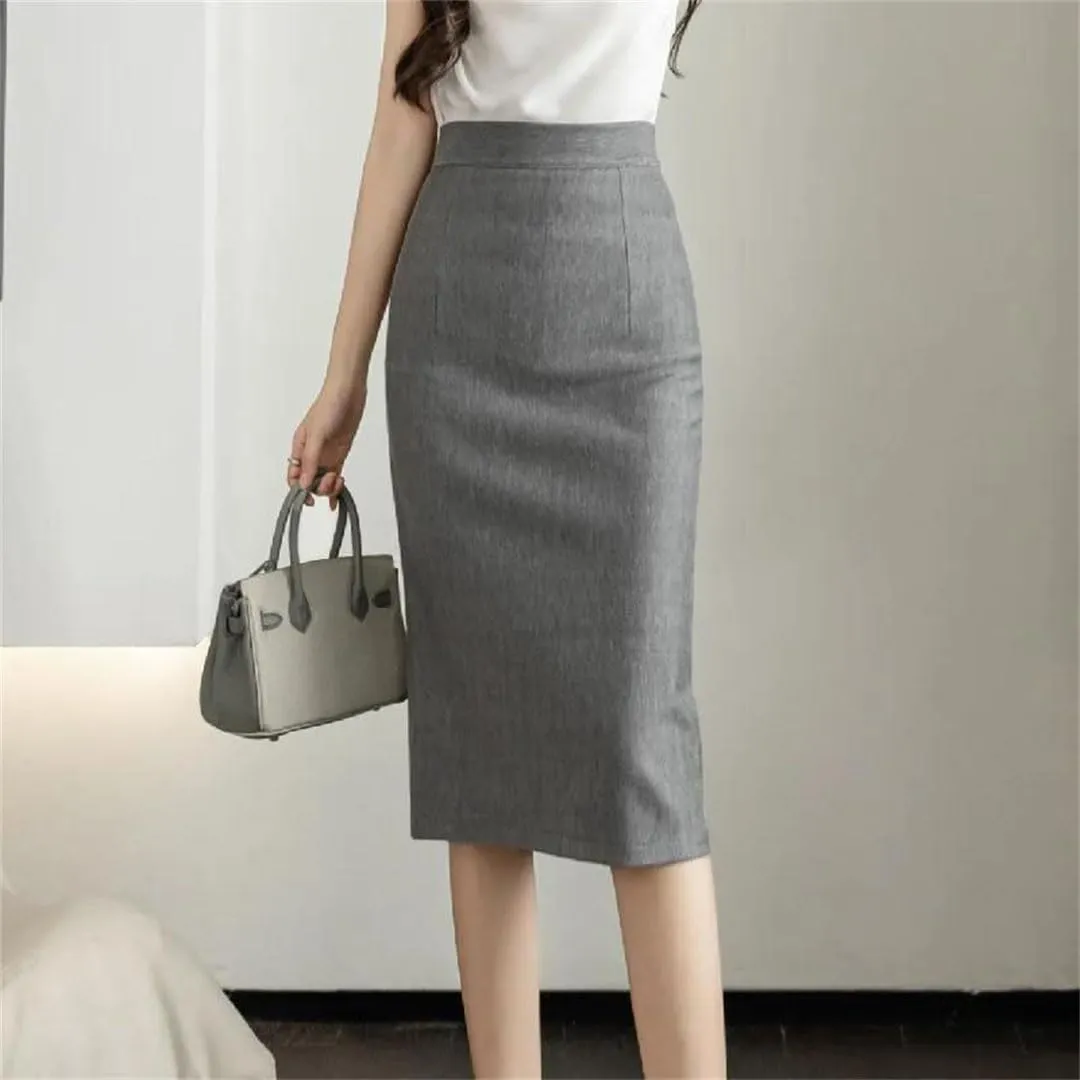 Women Stretchy Solid Color Skirts Elegant High Waist Office Style Pencil Midi Skirts