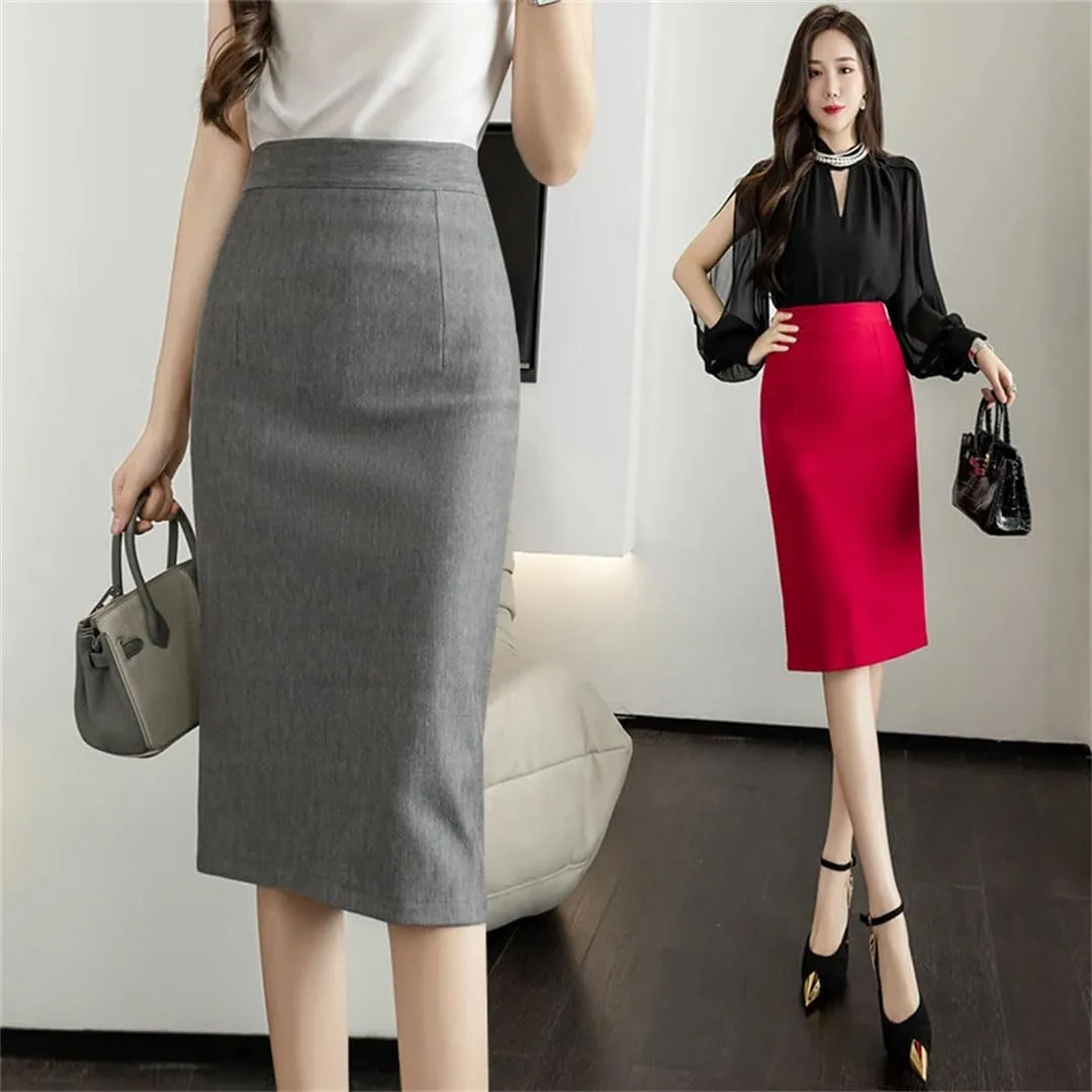 Women Stretchy Solid Color Skirts Elegant High Waist Office Style Pencil Midi Skirts
